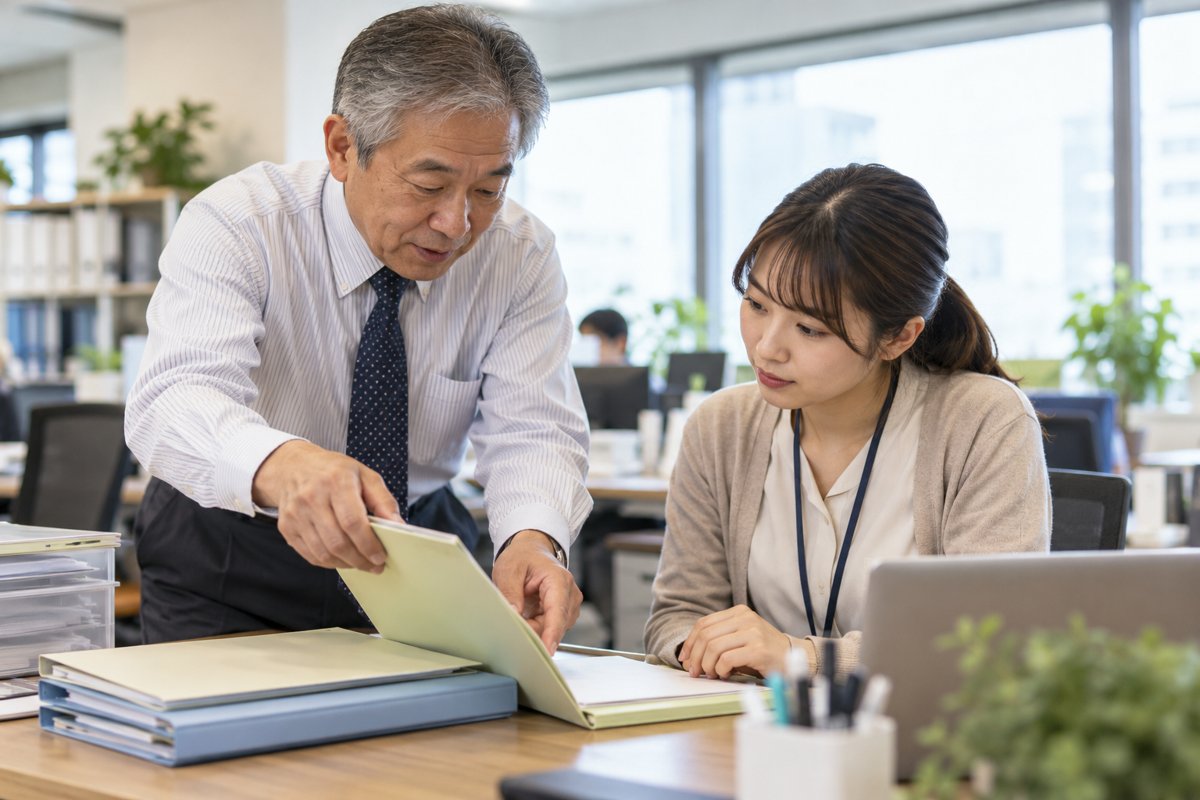 資料を使いながら仕事の手順を一緒に確かめる先輩と新人